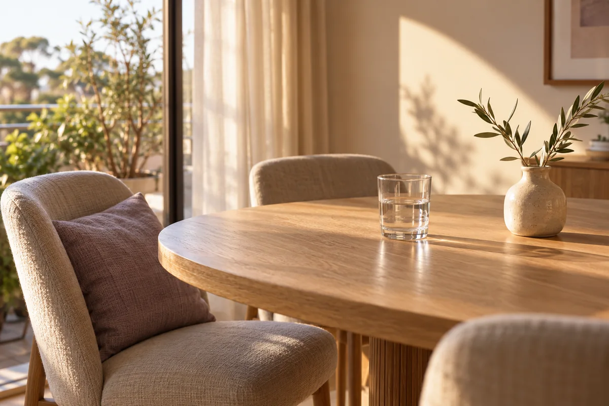 Uma mesa de refeições em um ambiente de casa tranquilo e iluminado